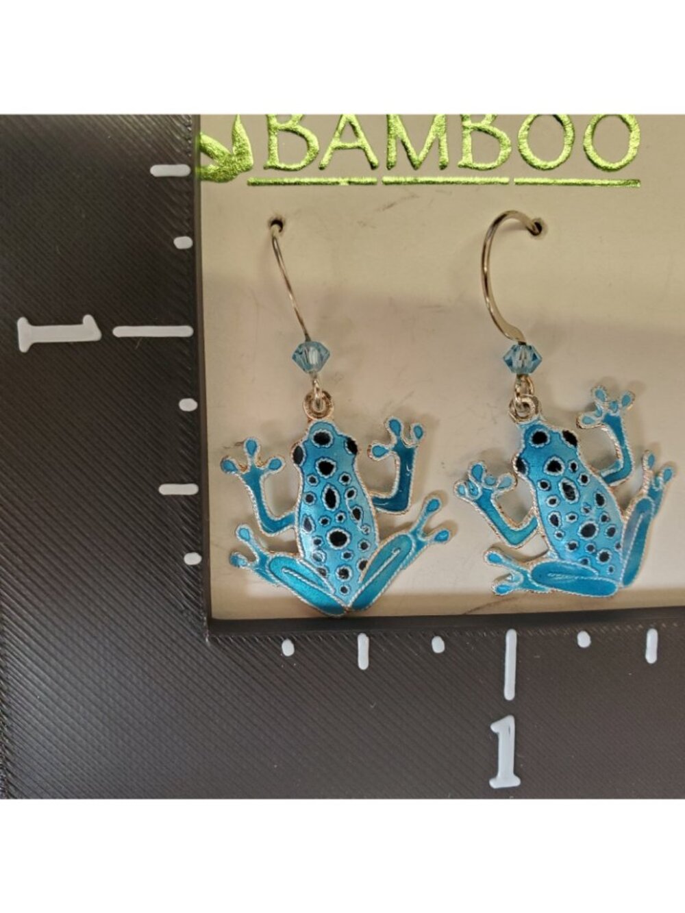 Sterling Silver Cloisonne Frog Earrings Dangle Blue Spotted 3/4" Bamboo Brand - Picture 7 of 7